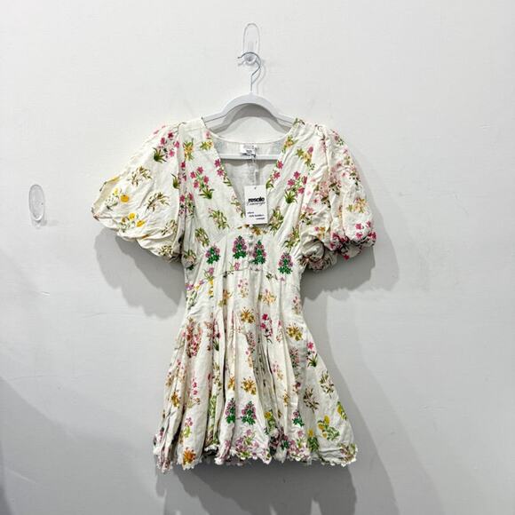 Hemant & Nandita Floral Puff Sleeve Babydoll Skater Mini Dress White Women's XS - Picture 3 of 6